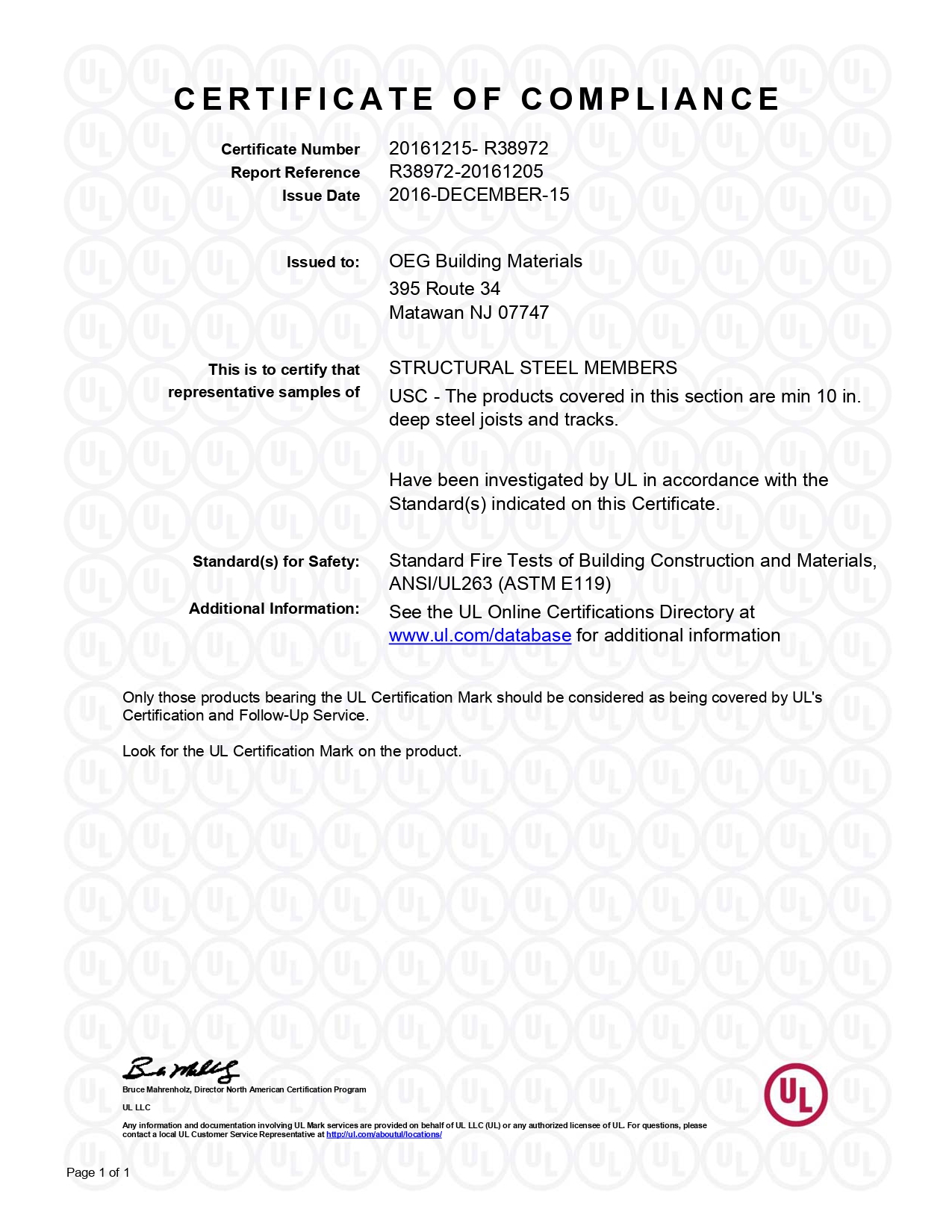 UL Certificate Stud Joist